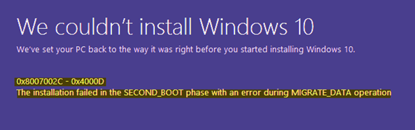 Windows 10 0x8007002C - 0x400D のインストールに失敗しました