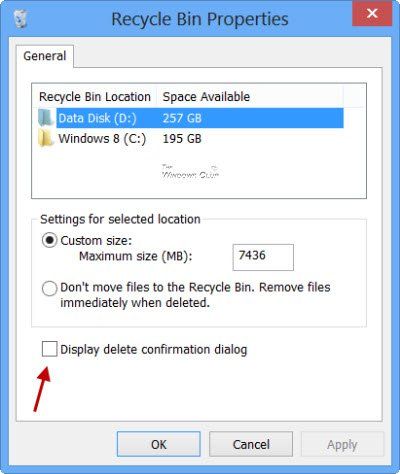 Windows 10 में रीसायकल बिन के लिए पुष्टिकरण हटाना सक्षम या अक्षम करें