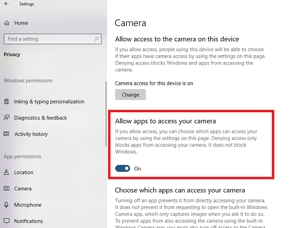 Luba rakendustel Windows 10-s kaamerale juurde pääseda