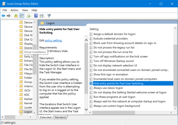 Omogočite ali onemogočite hitro preklapljanje med uporabniki v sistemu Windows 10