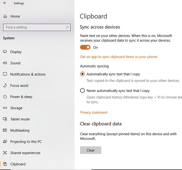 Очистить данные облачного буфера обмена в Windows 10