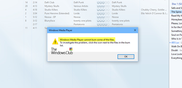 Windows Media Player ei voi polttaa joitain tiedostovirheitä poltettaessa äänitiedostoja
