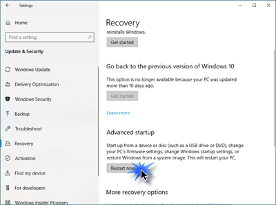 Показване на разширени опции за стартиране или меню в Windows 10