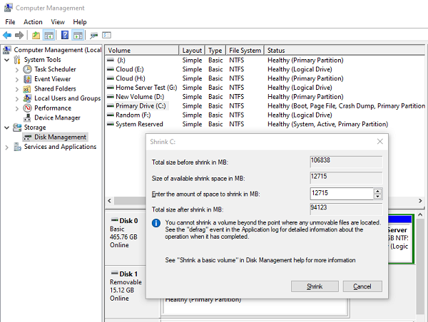 Свиване на обема в Windows 10 Disk Management Tool