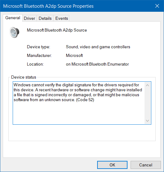 Microsoft ब्लूटूथ A2dp स्रोत ठीक से काम नहीं कर रहा है (कोड 52)