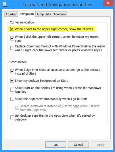 Poista Charms Bar Hint käytöstä Windows 8: ssa