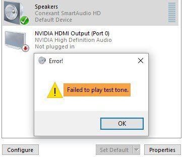 Düzeltme Windows 10'da test sesi hatası çalınamadı