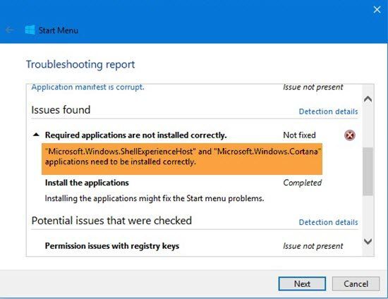 Je nutné správně nainstalovat aplikace Microsoft.Windows.ShellExperienceHost a Microsoft.Windows.Cortana