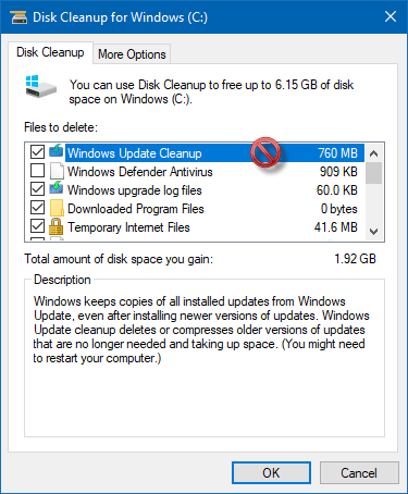 Levyn uudelleenjärjestäminen on jumissa Windows Update Cleanup -sovelluksessa
