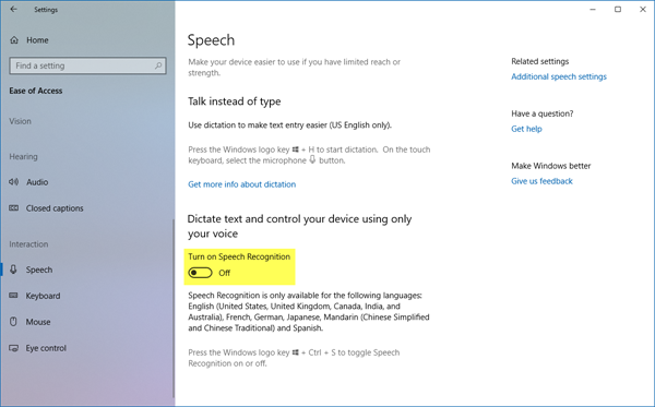 Windows 10'da Konuşma Tanıma özelliği nasıl devre dışı bırakılır