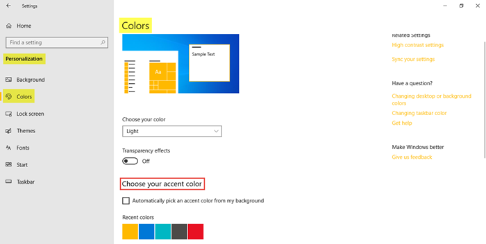 Opzioni di personalizzazione in Windows 10