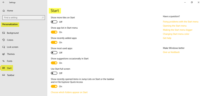 Windows 10의 개인화 옵션