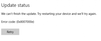 Aktualizace funkcí systému Windows 10 se nezdařila s kódem chyby 0x8007000e