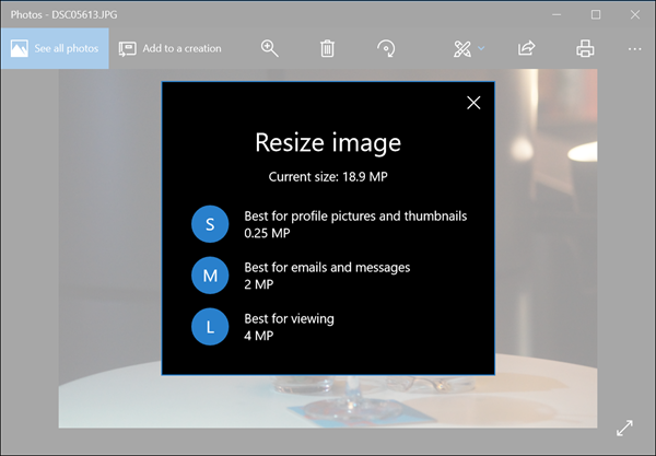 muuta kuvien kokoa Windows 10 Photos -sovelluksella