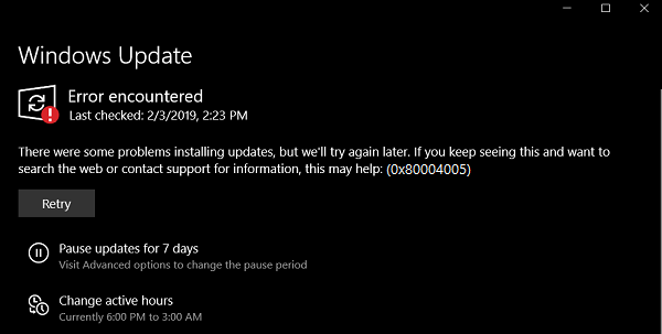 Corregiu l'error d'actualització de Windows 0x80004005 al Windows 10