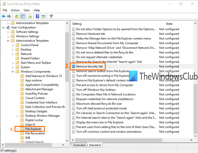 достъп премахнете настройката на раздела за сигурност под папката на File Explorer