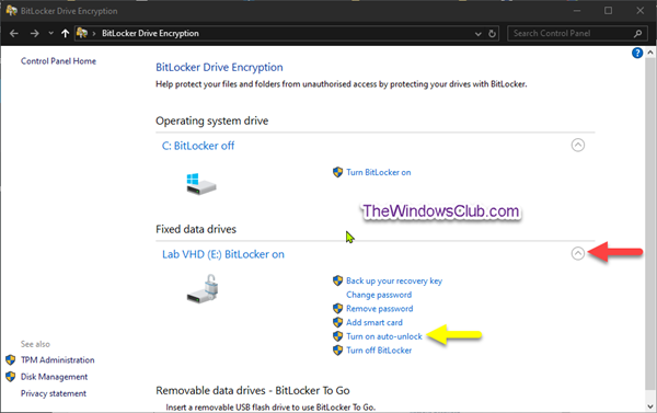 Windows 10에서 BitLocker 암호화 데이터 드라이브에 대한 자동 잠금 해제 설정 또는 해제