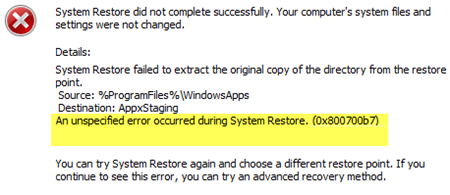 Une erreur non spécifiée s'est produite lors de la restauration du système (0x800700b7)