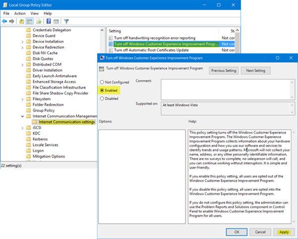 Désactivez le programme d'amélioration du produit Windows à l'aide de GPEDIT ou du registre