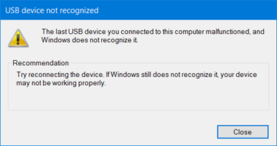 viimeksi tähän tietokoneeseen liitetty USB-laite toimi virheellisesti