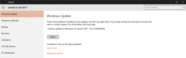 Parandage Windows 10-s Windows Update'i tõrge 0x80010108