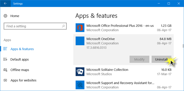 Nyahpasang OneDrive di Windows 10