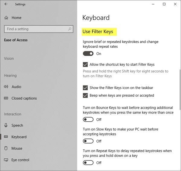 clés de filtre windows 10