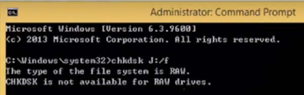 Failu sistēmas tips ir RAW, CHKDSK nav pieejams RAW diskiem.