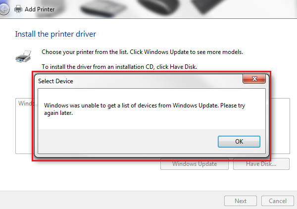 Windows не можа да получи списък с устройства от Windows Update