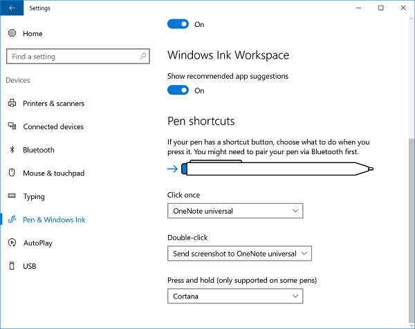 Konfigurirajte prečace olovke i postavke dodira u sustavu Windows 10