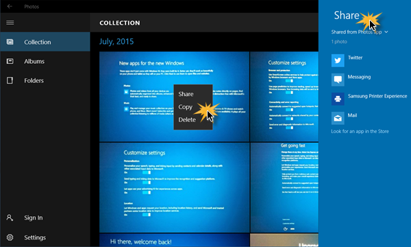 Kuva- ja videotiedostojen jakaminen Windows 10 Photos -sovelluksella