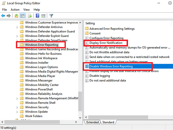 Деактивирайте отчитането на грешки в Windows Windows 10
