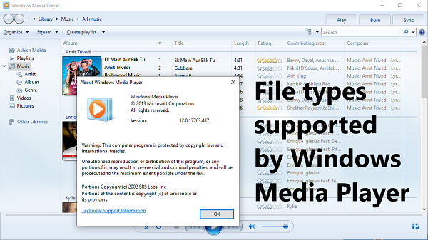 Типове файлове, поддържани от Windows Media Player