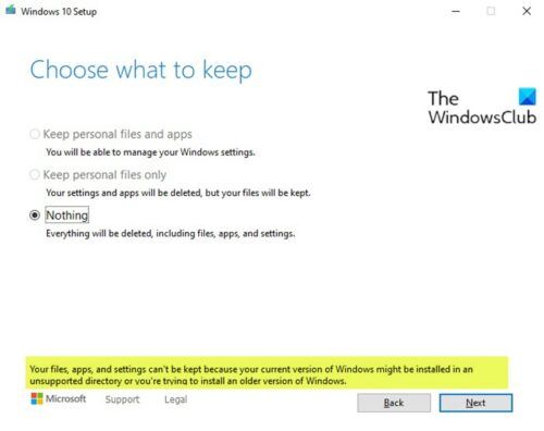 Impossible d'enregistrer vos fichiers, applications et paramètres - Erreur de mise à niveau sur place de Windows 10