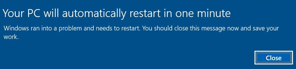 Windows 10에서 메시지가 표시된 후 1분 후에 컴퓨터가 자동으로 다시 시작됩니다.