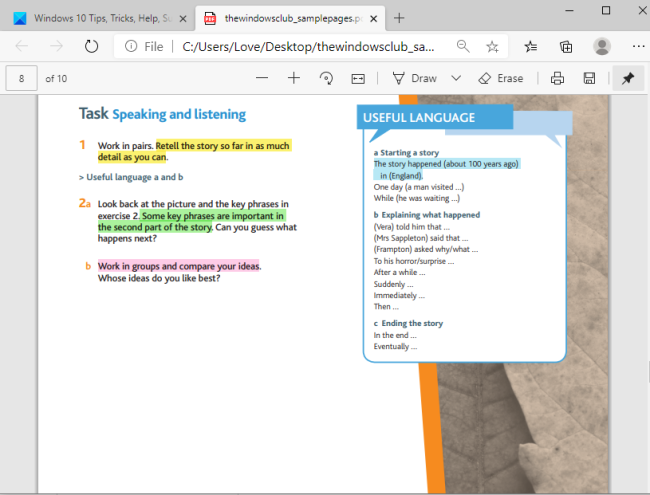 Tekstin korostaminen PDF-tiedostoissa Microsoft Edge -selaimessa