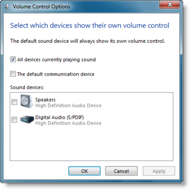 options de contrôle du volume windows 7