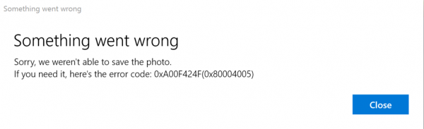Коригирайте грешка в приложението на камерата за Windows 10 0xA00F424F (0x80004005)