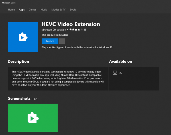 Kā atskaņot HEVC kodētus videoklipus operētājsistēmā Windows 10, izmantojot HEVC video paplašinājumu