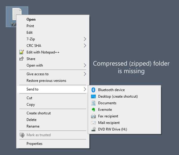 Le dossier compressé (zippé) est absent du menu Envoyer vers dans Windows 10