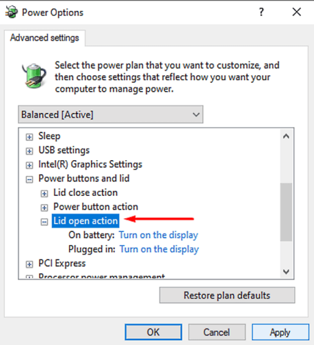 Променете отвореното действие на капака на лаптопа в Windows 10