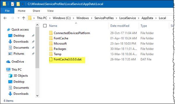 استعادة ذاكرة التخزين المؤقت للخط في نظام التشغيل Windows 10
