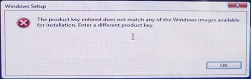 Zadaný produktový klíč neodpovídá žádnému obrazu Windows dostupnému pro instalaci