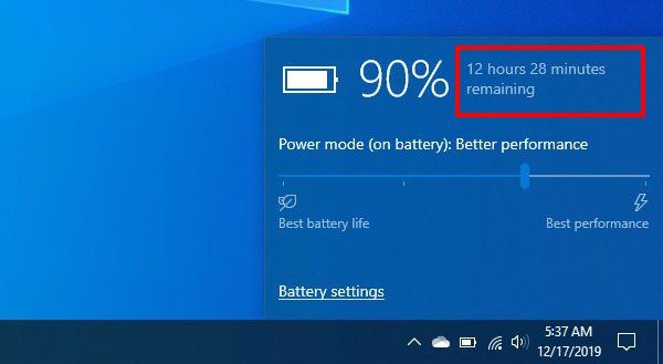 כיצד להפעיל את זמן הסוללה שנותר ב- Windows 10
