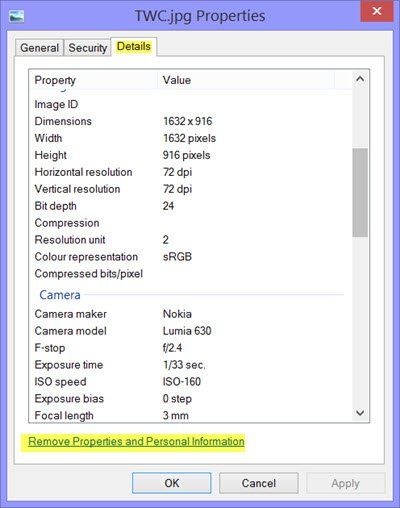 Supprimer les propriétés et les informations personnelles des photos et des fichiers dans Windows 10