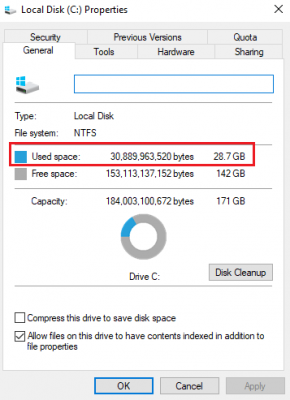 Твърд диск, показващ грешно свободно пространство в Windows 10