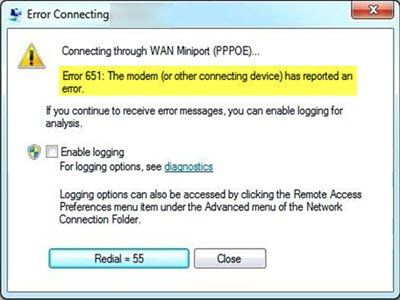 Error 651, Ang modem (o iba pang konektadong device) ay nag-ulat ng error sa Windows.