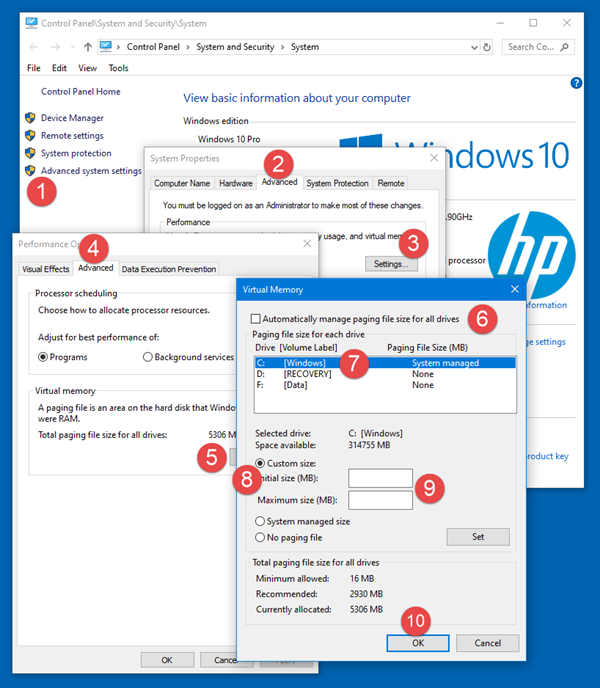 Kako povečati velikost datoteke strani ali navideznega pomnilnika v sistemu Windows 10