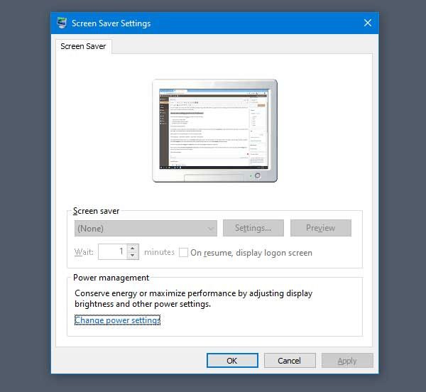 La configuració de l'estalvi de pantalla a Windows 10 està en gris
