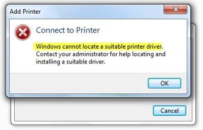 विंडोज एक उपयुक्त प्रिंटर ड्राइवर का पता नहीं लगा सकता है